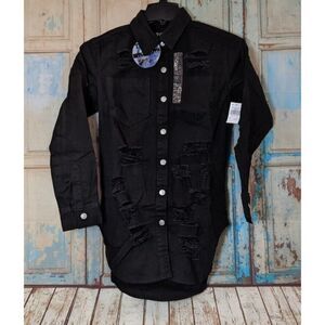 Thrill Womens Medium Black Distressed Long Sleeve Collared Button Up Denim Shirt